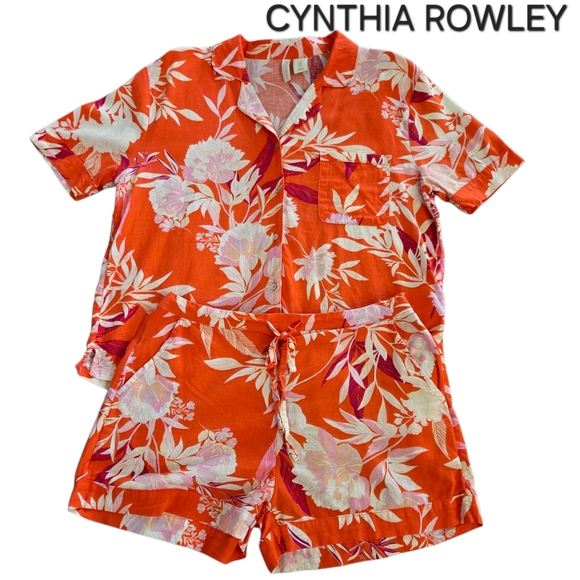 Cynthia Rowley Linen Blend Sleepwear Set Size Med Orange And Pink Floral Design - Picture 1 of 8